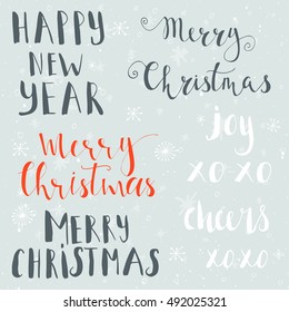 Merry Christmas  text on a winter background, snow and snowflakes. Greeting card template, poster with quote, T-shirt design or home decor element. Vector typography.