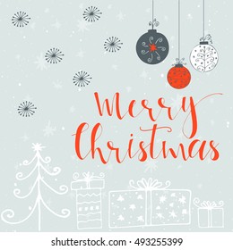 Merry Christmas  text on a winter background, snow and snowflakes. Greeting card template, poster with quote, T-shirt design or home decor element. Vector typography.