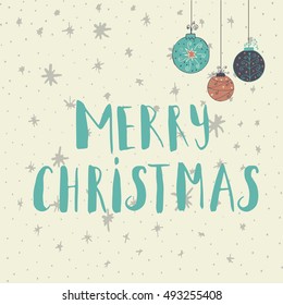 Merry Christmas  text on a winter background, snow and snowflakes. Greeting card template, poster with quote, T-shirt design or home decor element. Vector typography.