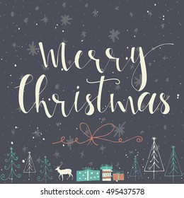 Merry Christmas  text on a winter background, snow and snowflakes. Greeting card template, poster with quote, T-shirt design or home decor element. Vector typography.