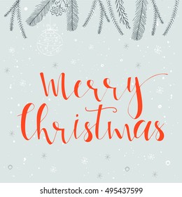 Merry Christmas  text on a winter background, snow and snowflakes. Greeting card template, poster with quote, T-shirt design or home decor element. Vector typography.