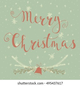Merry Christmas  text on a winter background, snow and snowflakes. Greeting card template, poster with quote, T-shirt design or home decor element. Vector typography.