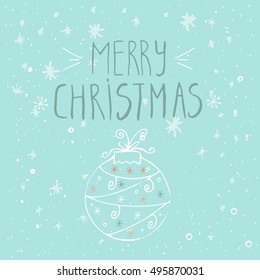 Merry Christmas  text on a winter background, snow and snowflakes. Greeting card template, poster with quote, T-shirt design or home decor element. Vector typography.