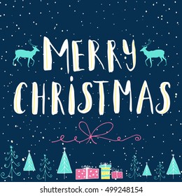 Merry Christmas  text on a winter background, snow and snowflakes. Greeting card template, poster with quote, T-shirt design or home decor element. Vector typography.