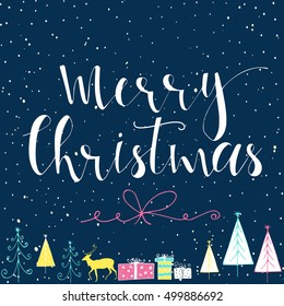 Merry Christmas  text on a winter background, snow and snowflakes. Greeting card template, poster with quote, T-shirt design or home decor element. Vector typography.