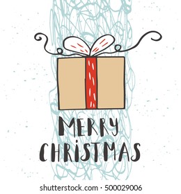 Merry Christmas  text on a winter background, snow and snowflakes. Greeting card template, poster with quote, T-shirt design or home decor element. Vector typography.