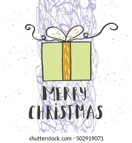 Merry Christmas  text on a winter background, snow and snowflakes. Greeting card template, poster with quote, T-shirt design or home decor element. Vector typography.