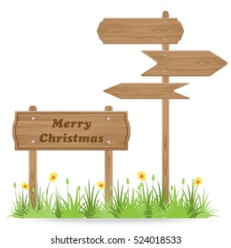 Merry Christmas text on Wooden signpost with grass flower isolated on white. vector illustration