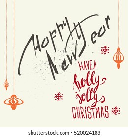 Merry Christmas. text. Orange toys on threads, snowstorm