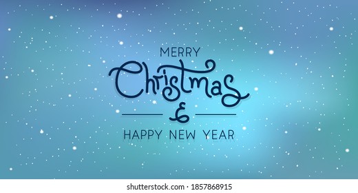 Merry Christmas text over falling white snow over blue sky background. Vector