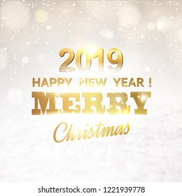 Merry christmas text over gray background. Happy new year card over gray with golden sparks. Happy new year 2019. Holiday card. Template for your design. Vector illustration.