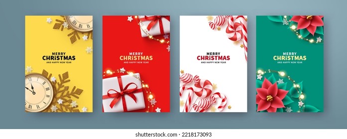 Merry christmas text poster set design. Christmas holiday gift card lay out collection for xmas and new year background. Vector Illustration.