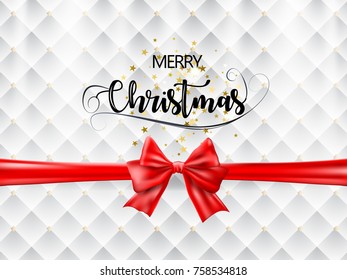 Merry Christmas Text with Realistic Red Ribbon and Gold Stars on Abstract Geometry Background. Vecor EPS 10.