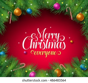 Merry christmas text in a red background with pine leaves boarder and frame and colorful christmas balls and candies
