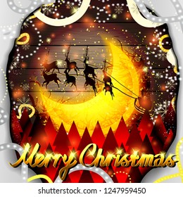 Merry Christmas text, red forest, Santa Claus and moon. Snow and snowflakes. Wooden board. Garlands. Fairytale night. Vector art. Christmas card.