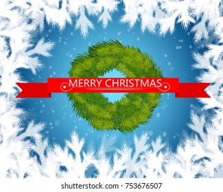 Merry christmas text in red ribbon with christmas tree on blue background. Vector illustration.