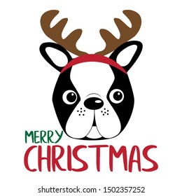 Merry Christmas text, with reindeer antlers on Boston Terrier head. Good for posters, greeting cards, textiles, gifts.