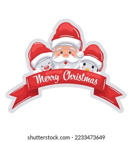 Merry christmas text ribbon with santa claus, snowman and penguin