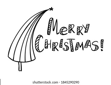Merry Christmas text rustic Christmas tree winter forest vector set or holiday card hand drawn