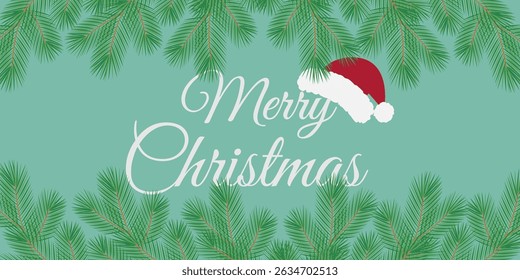 Merry Christmas Text with Santa Cap and Pine twigs Top Bottom Frame border Christmas cards design
