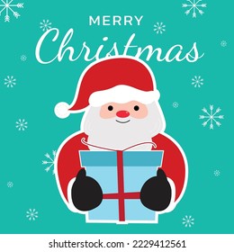 Merry christmas text. Santa Claus holding a wrapped Christmas gift on green background. Santa giving present. Flat style vector illustration.