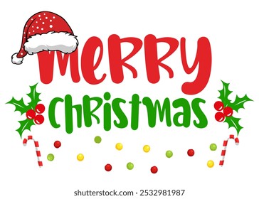 Merry Christmas Text with Santa Hat and Christmas Graphics, Festive Typography Design, Holiday Decoration Elements, Joyful Christmas Artwork, Cheerful Holiday Lettering