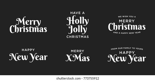 Merry Christmas Text Set, Happy New Year Text Set, Greeting Card Typography Vector Set for banners, greeting cards, poster, gift tag