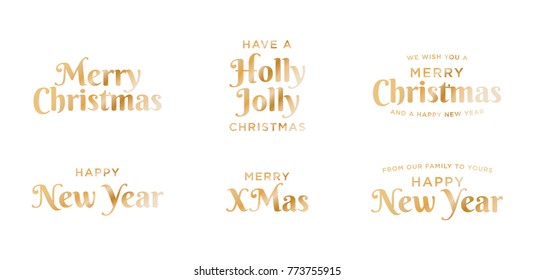 Merry Christmas Text Set, Happy New Year Text Set, Greeting Card Typography Vector Set for banners, greeting cards, poster, gift tag