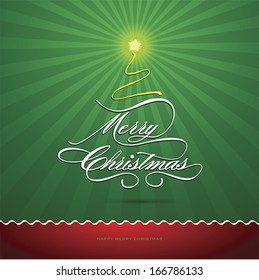 Merry Christmas text shaped as a tree, Greeting Card with New Year Winter holiday background. vector