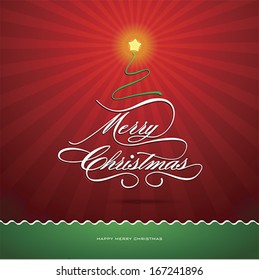 Merry Christmas text shaped as a tree, Greeting Card with New Year Winter holiday background. vector