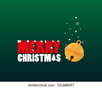 Merry Christmas text and small bell flat design on green background. Snow flake falling.