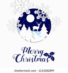 Merry christmas text, snowflake and ball paper cut style