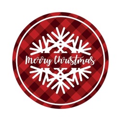 Merry Christmas Text In Snowflake Crystal.White Outline Snow Sign Silhouette.Red Gingham Buffalo Lumberjack Tartan Checkered Quilt Plaid Pattern.Winter.Circle Round New Year Ball Toy Frame Tag.DIY Cut