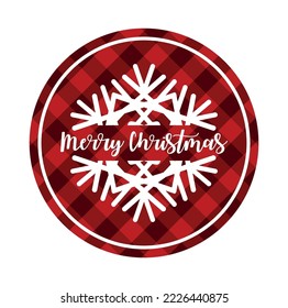 Merry Christmas text in snowflake crystal.White outline snow sign silhouette.Red Gingham Buffalo Lumberjack Tartan Checkered quilt plaid pattern.Winter.Circle round New Year ball toy frame tag.DIY cut