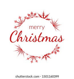 Merry Christmas text with snowflake wreath decoration. Xmas greeting card or banner template. Vector illustration.