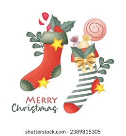 merry christmas text with christmas socks illustration vector