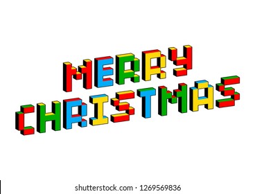 Merry Christmas text in style of old 8-bit video games. Vibrant colorful 3D Pixel Letters. Creative vector poster, flyer template. Retro arcade, platformer, computer program screen Gaming concept.