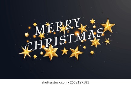 Merry Christmas text surrounded by golden stars and baubles on black background for festival celebration, used for greeting card design.