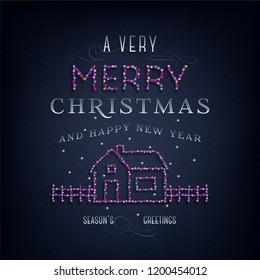 Feliz texto navideño, plantilla de carta de diseño, navidades. Banner brillante brillante brillante, luces de neón, felicitación nocturna. Ilustración vectorial. 
