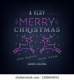 Feliz texto navideño, plantilla de carta de diseño, navidades. Banner brillante brillante brillante, luces de neón, felicitación nocturna. Ilustración vectorial. 