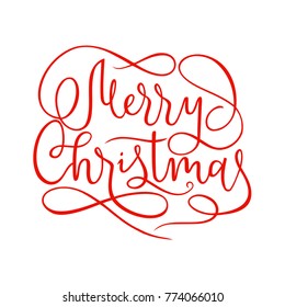 Merry Christmas text template, hand drawn calligraphic lettering creative font with flourishes, red text on white background, vector illustration for banner, web post, any print.