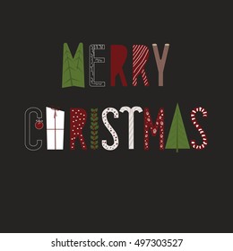 Merry Christmas text with texture for invitation and greeting card, prints and posters isolated on black background, vector illustration