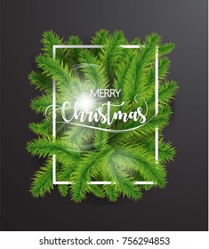 Merry Christmas text with tree branches and white border on dark background. EPS vector illustration. 