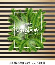 Merry Christmas text with tree branches and white border on dark and gold background. EPS vector illustration. 