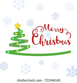 Merry Christmas text with christmas tree. Calligraphy text for greeting cards on white background with snowflakes. Vector illustration for banner