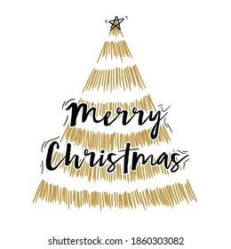 Merry Christmas Text with Tree Design. Vector logo, typography. Usable as banner, greeting card, gift package, etc.