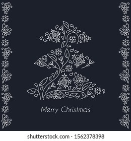Merry Christmas. text. Christmas tree, hand drawn ornate patterns of stylized flowers, leaves and snowflakes. Vector Design for greeting card, invitation, poster .