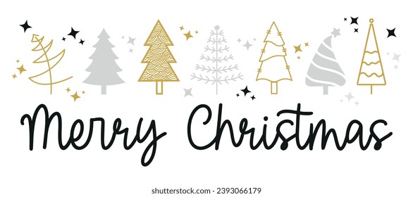 Merry Christmas text with christmas tree and star black gold