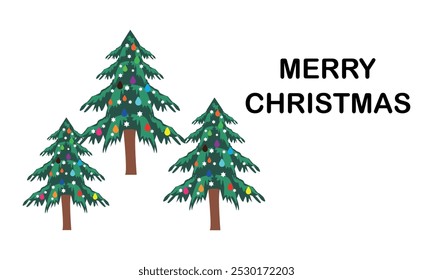 Texto feliz do Natal com ilustração do vetor da árvore de Natal em letras cursivas.