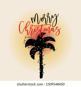 Merry Christmas text, with tropical palm silhouette in sunset. Good for greeting card, banner, cover, textile, t-shirt, postcard.